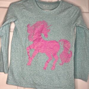 Girls Unicorn Long Sleeve Shirt Size 7/8 Teal Pink Glitter Graphic Top